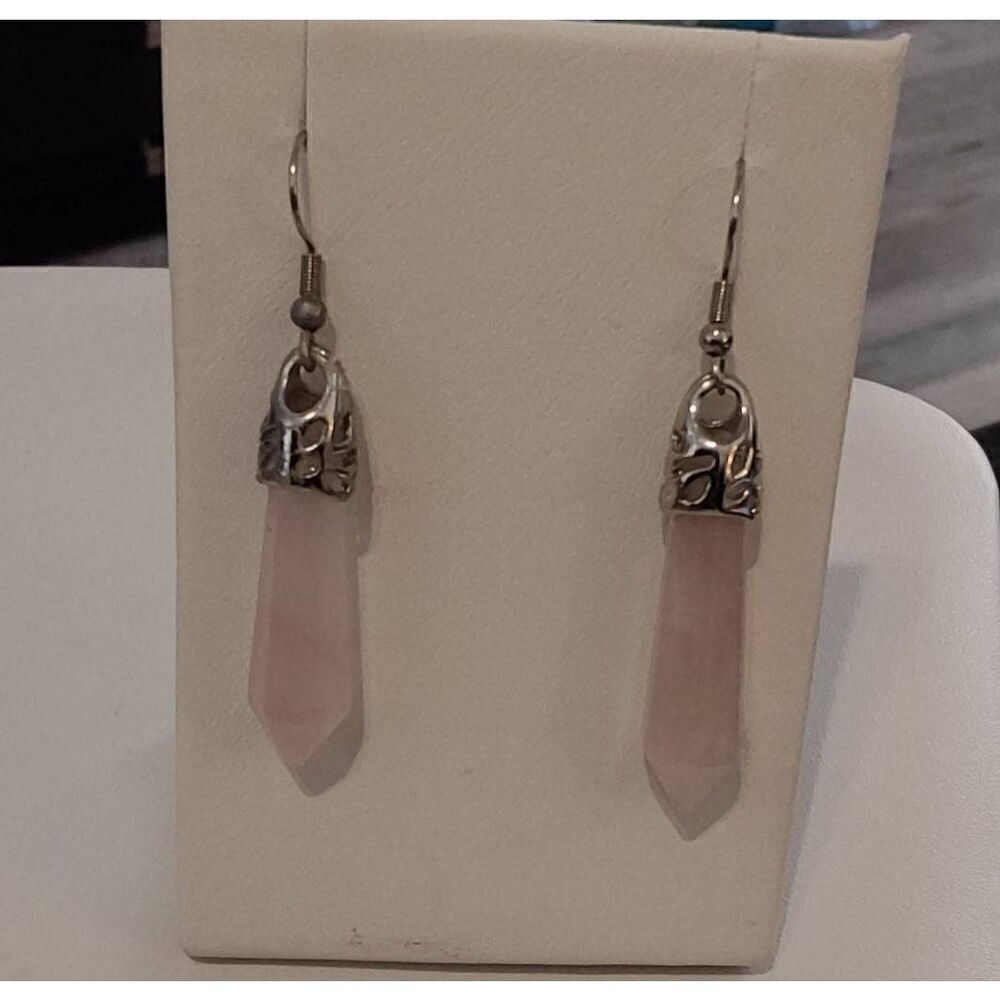 New~Genuine Rose Quartz Gemstone Chakra Healing French Wire Dangle Earrings